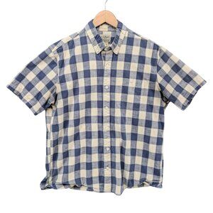 LL Bean Comfort Stretch Chambray Shirt Mens Blue Buffalo Plaid Short Sleeve S M